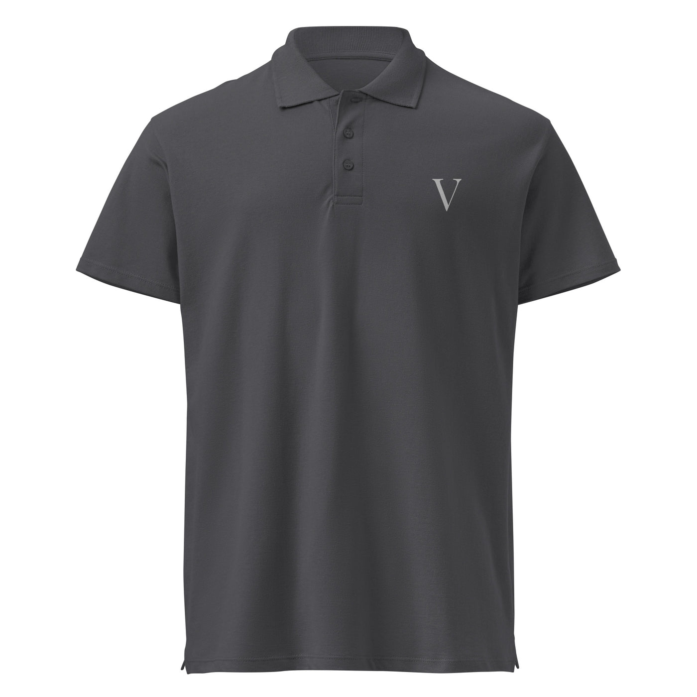 Close-up of tone-on-tone buttons and ribbed collar on polo
